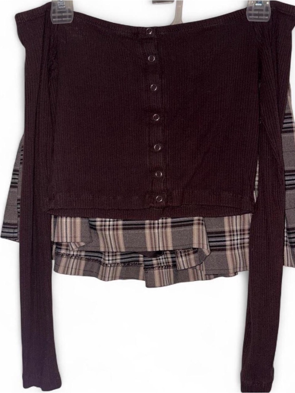 Garage Brown Off The Shoulder Crop Top and Brown Plaid Pleated Skirt Set